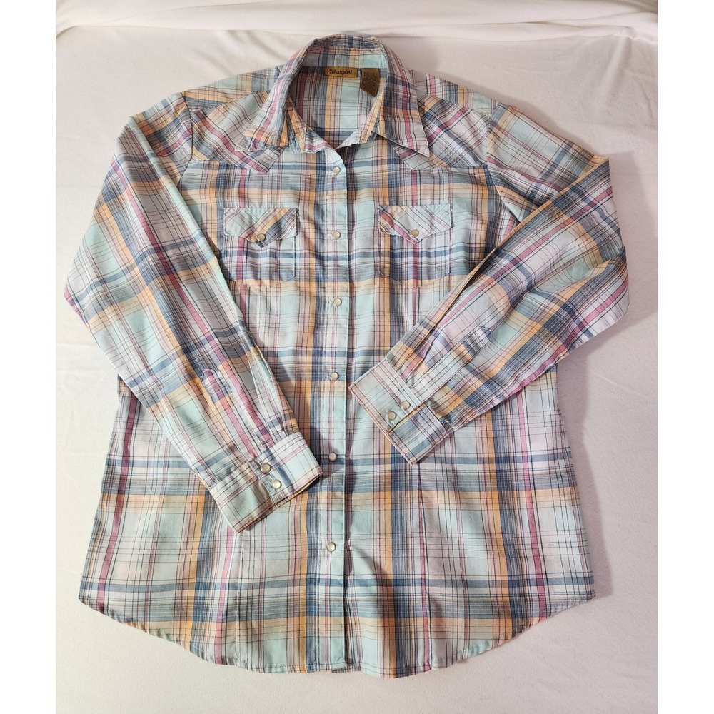 Wrangler Western Pearl Snap Shirt Womens L Blue Plaid Rodeo Cowgirl Retro